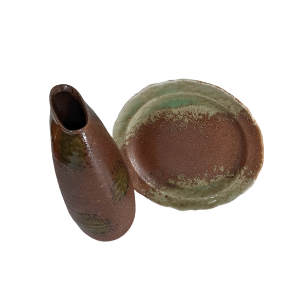 Ceramics set oval vase plate unique pottery art made in Japan vintage - Picture 2 of 4